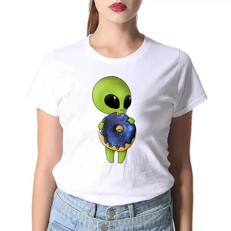 

Fashion Short Sleeve Tee Shirt Femme Alien Space Funny Print Cartoon T Shirt Women Tops Cotton Casual Tshirt Camiseta Mujer