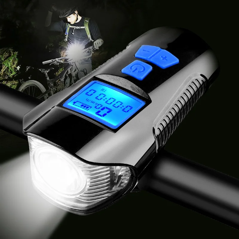 

2023 Waterproof Bicycle Light USB Charging Bike Front Light Flashlight Handlebar Cycling Head Light w/ Horn Speed Meter LCD