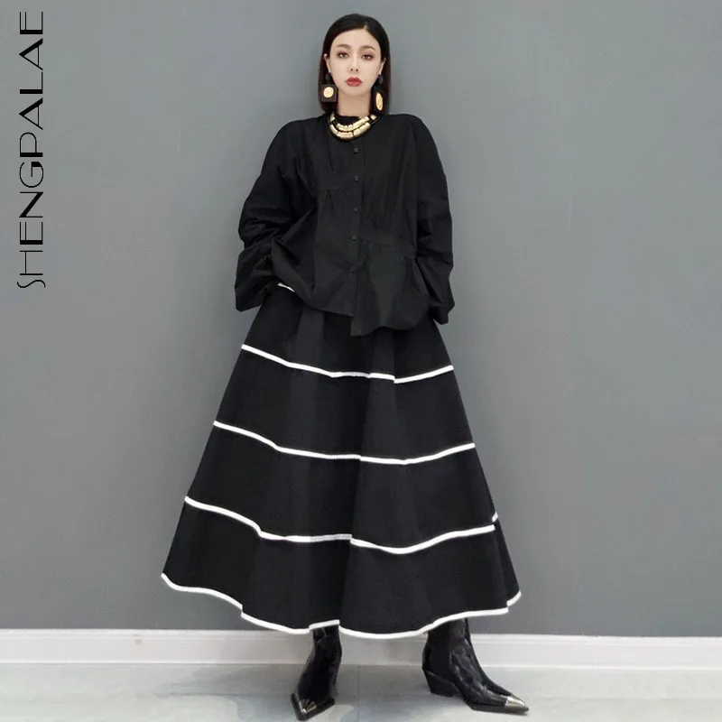 

SHENGPALAE Fashion White Round Neck Single Breasted Long Sleeve Shirt And High Waist Striped Mid-calf Skirt Two Pcs Sets In 2021