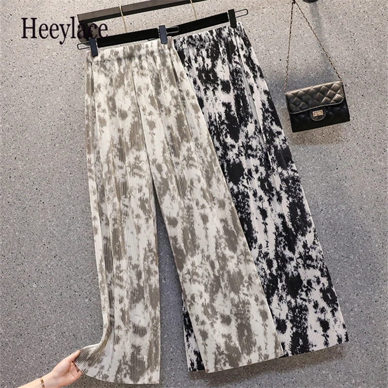 

Pants Women Plus Size Vintage Summer 2021 New High-waisted Wide-leg Pants Ink Dyeing Pleated Elegant Female Mopping Trousers