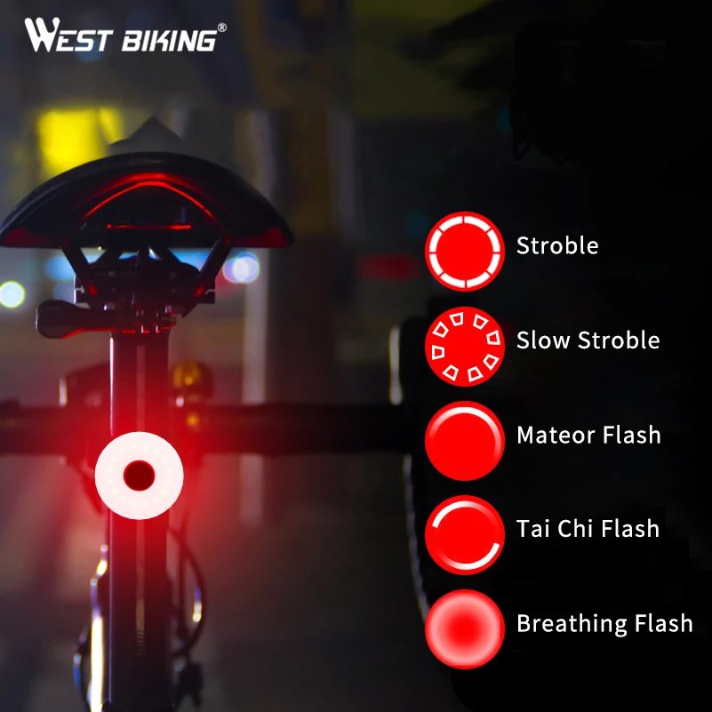 WEST BIKING задний фонарь для велосипеда с возможностью светильник Водонепроницаемый USB Перезаряжаемые сзади Предупреждение лампы велосипед свет безопасности светодиодный 5 режимов Велоспорт Flash Light Хвост светильник