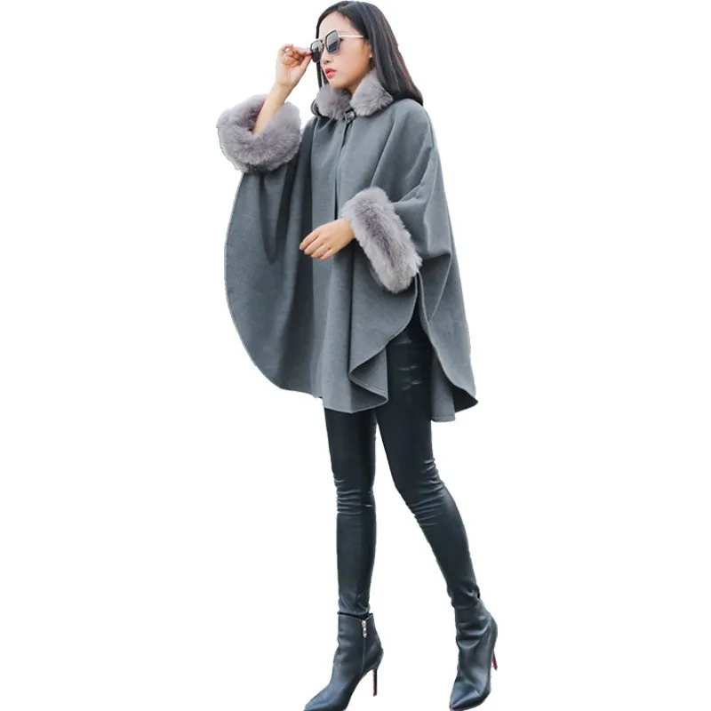 

Fashion Women Fur Collar Woolen Coat Cloak Elegant Ladies Batwing Sleeve Loose Fit Cape Woolen Blends Coat Outerwear Solid Color