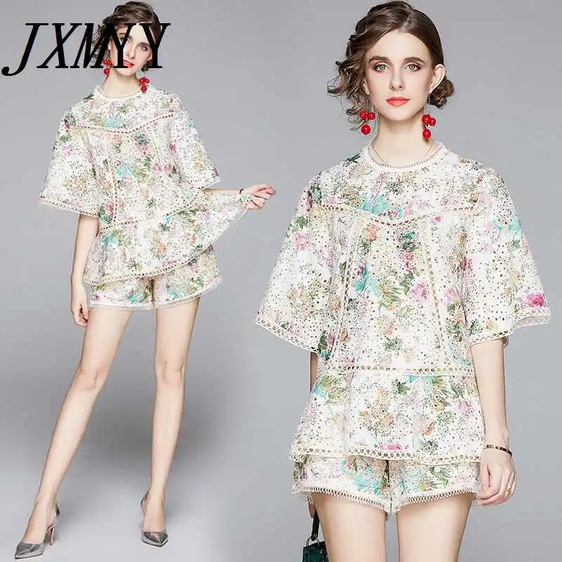 

ICCLEK Elegant Flower Embroidery Lace Suit Set Women Batwing Sleeve Hollow Out Shirt Top Wide Leg Shorts Runway Summer Two Pie