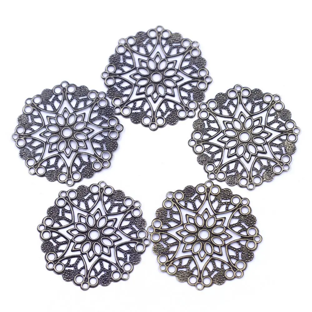 

30Pcs Connectors Filigree Flower Hollow Wraps Decoration Round Alloy Bronze Tone Jewelry DIY Findings 35mm