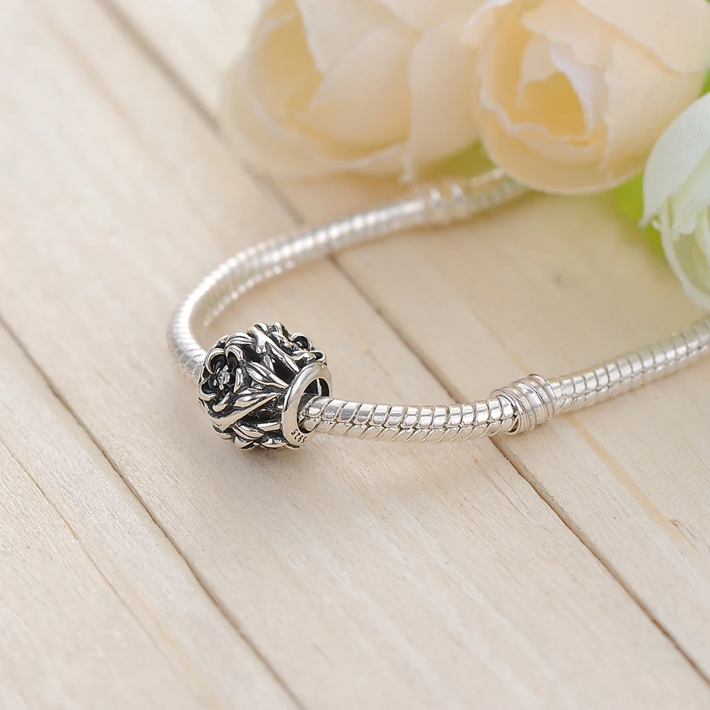 

Hot 925 Sterling Silver Flower Beads Retro Crystal Pendant Fit Original Pandora Charms Bracelets DIY Women Jewelry Making
