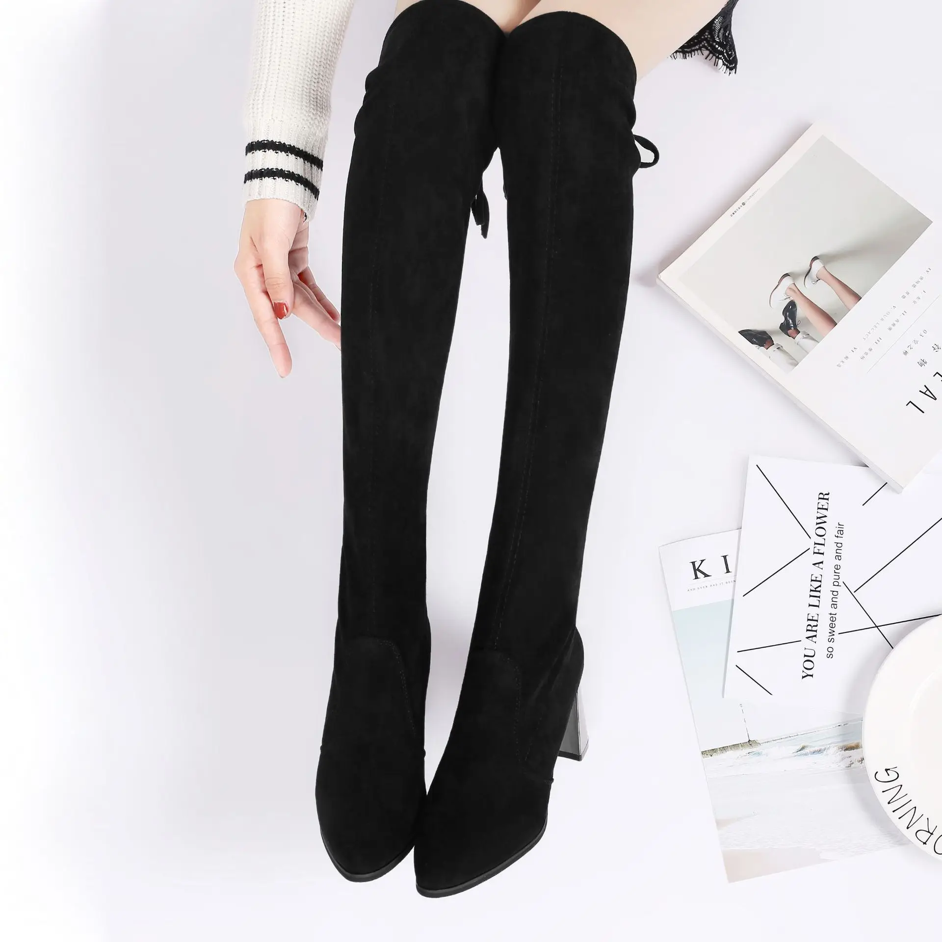 

Over The Knee Tie Long Boots For Women Winter Pointed Toe Black Female Shoes Size 35-40 Botas Mujer women boots