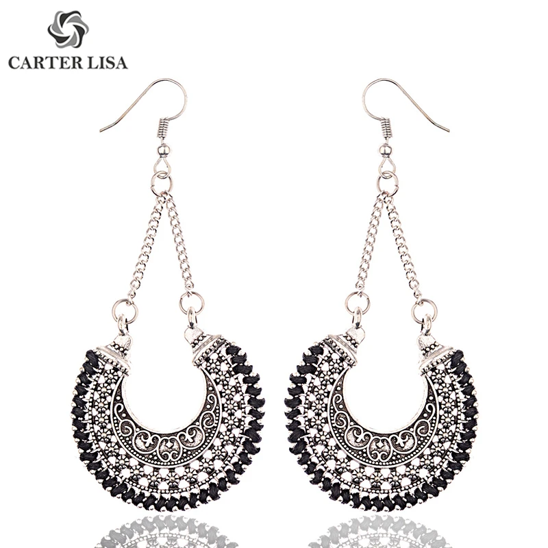 CARTER LISA Antique Silver Indian Bohemian Ethnic Tribal Crescent Ornate Gypsy Vintage Earrings For Women Half Moon Jewelry Gift |