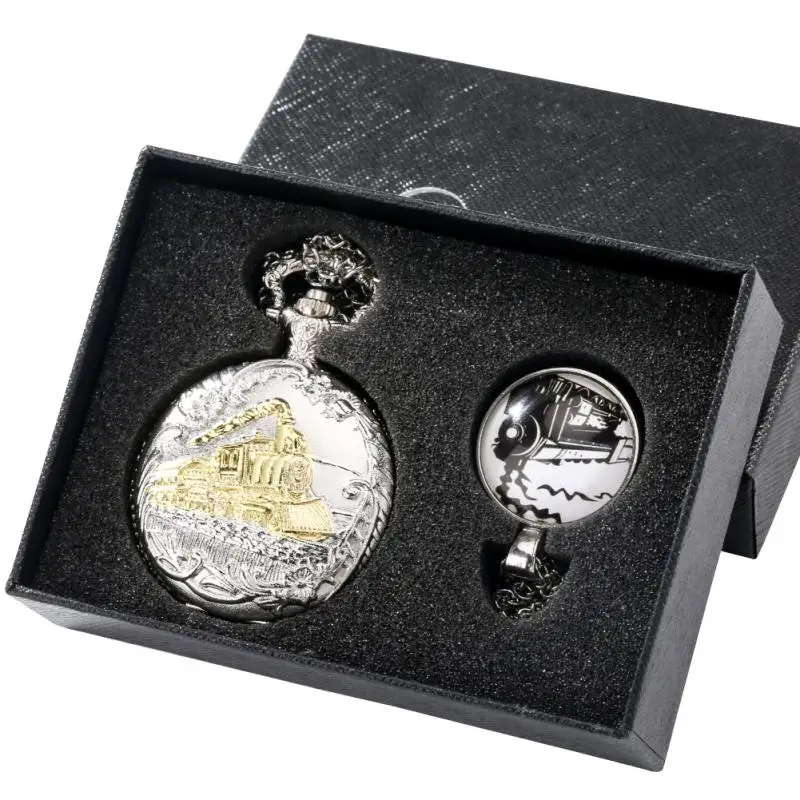 

New Fashion Watch Set Silver Train Locomotive Engine Pattern Steampunk Silver Pendant Necklace Chain Fashion Gift Set for Friend