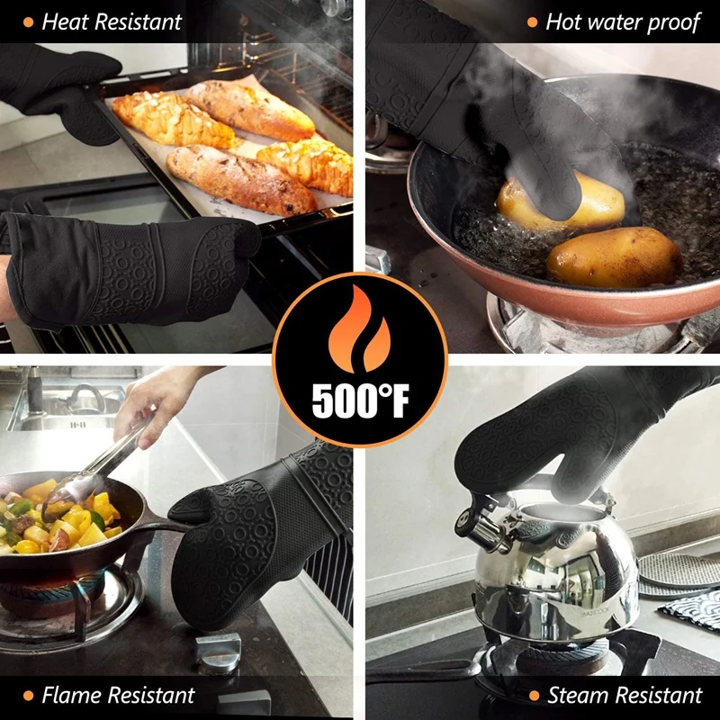 

Extra Long Oven Mitts and Pot Holders Sets: Heat Resistant Silicone Oven Mittens