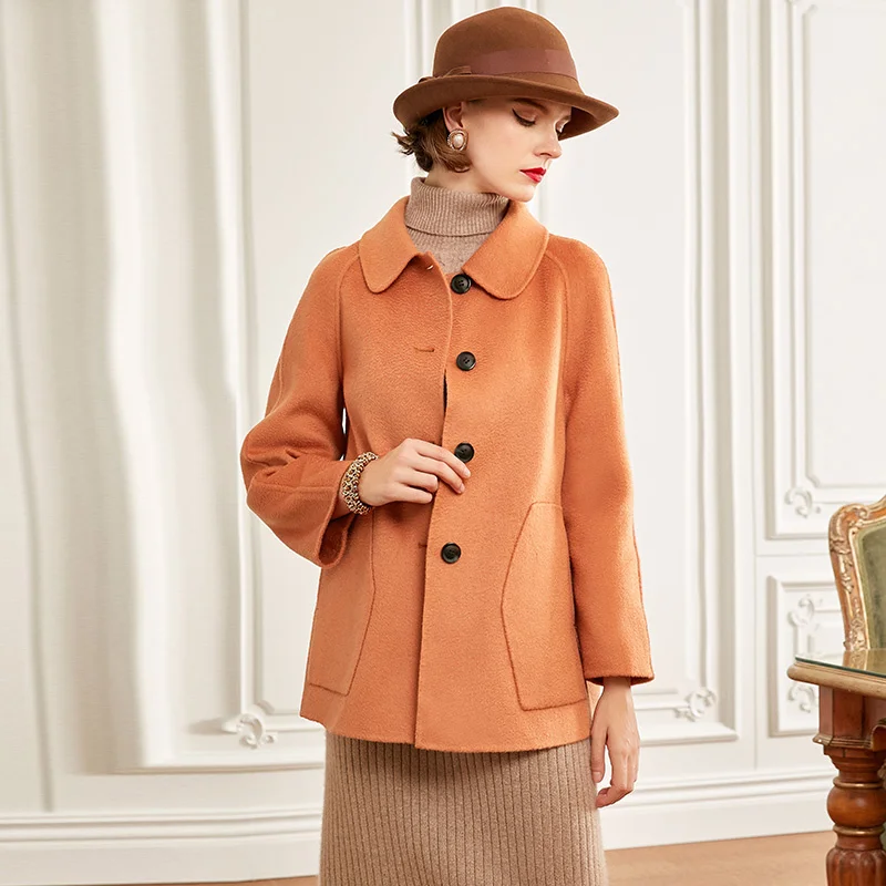 

SHZQ 2021 New Orange Doll Neck Double-sided Plush Coat Women's Short Water Ripple Coat