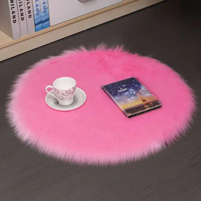 

Round Bedroom Furry Cushion Soft Faux Sheepskin Thicker Carpet Solid Color Design Carpet For Seat Fur Area