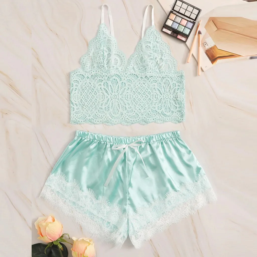 

Women Sexy Lingerie V-Neck Lace Satin Camisole Pajamas Sweet Style Sleepwear Bowknot Shorts Set Sexy Underwear Plus Size New