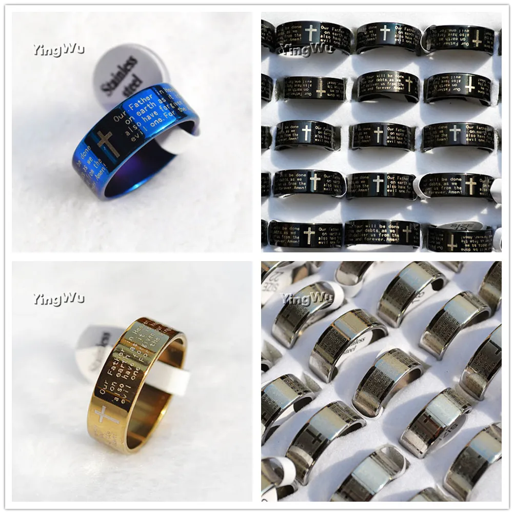 

Yingwu Gold Black Silver English Prayer Bible Cross Lords Stainless Steel Wedding Band Rings for men women 30pcs Lot wholesale
