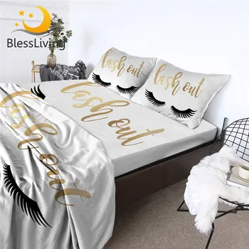 BlessLiving Eyelash Fitted Sheet Set Gold and Black Bed Sheet Cute Eyes Bed Linen for Gilrs Funny Flat Sheet sabanas 4-Piece 1