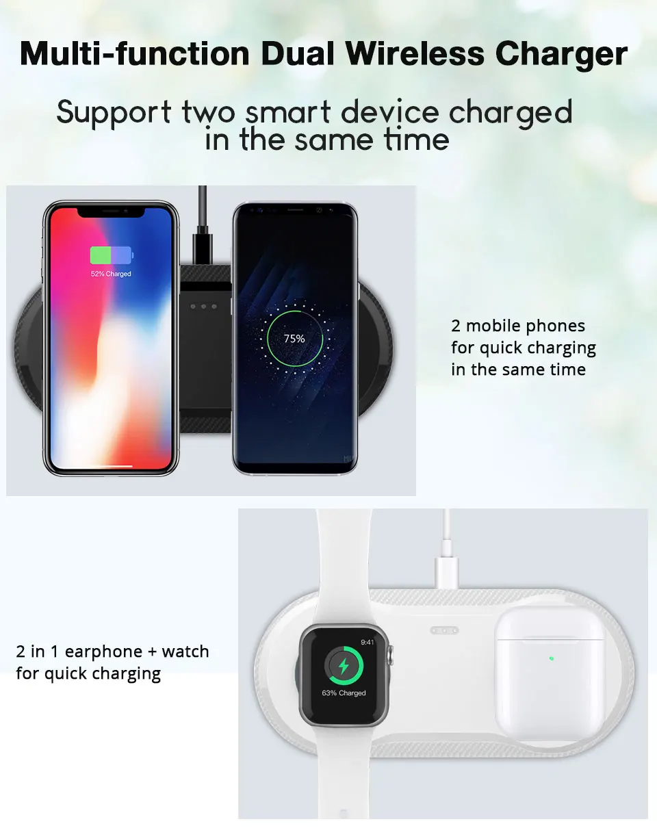 20 Вт Быстрое беспроводное зарядное устройство для Samsung S10 S9 S8 10 Вт двойное Qi Беспроводное зарядное устройство для iPhone 11 XS XR X 8 Plus Apple Watch