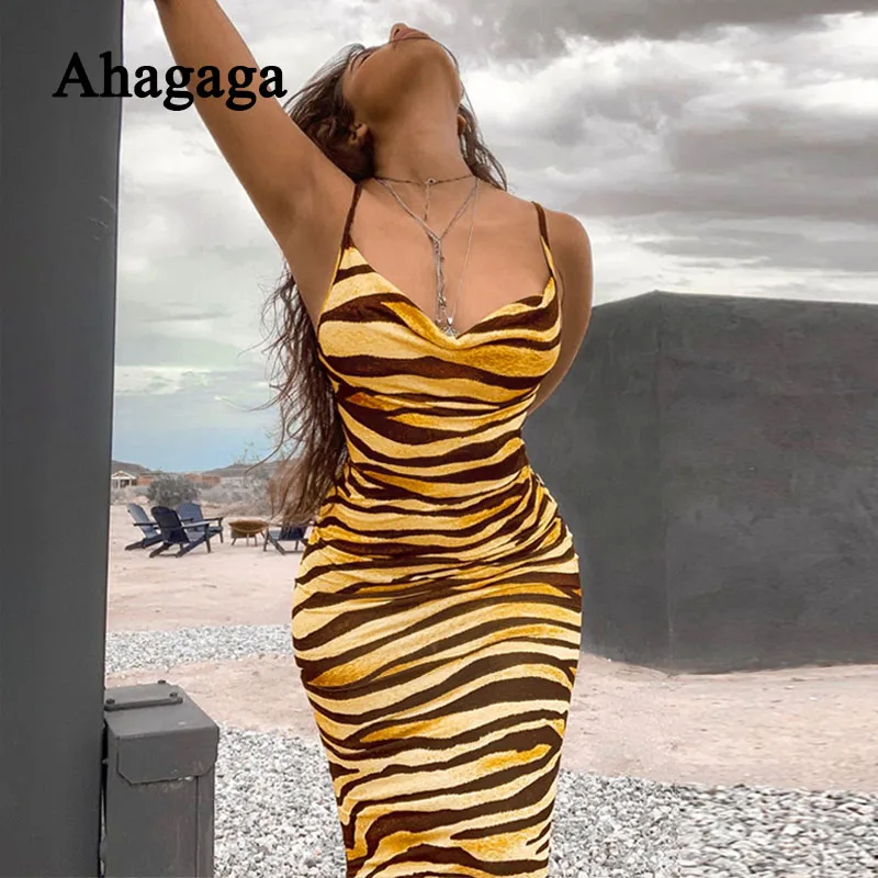 2019 осеннее сексуальное платье с принтом тигра женское модное длинное без рукавов