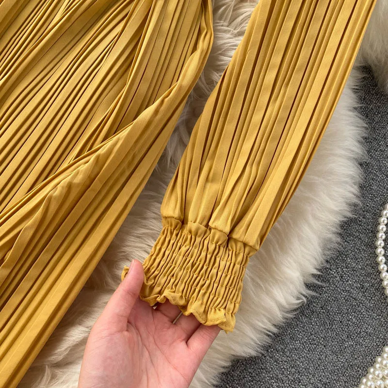 

Spring Autumn Women Pleated Chiffon Dress Vintage Stand Collar Long Sleeve Draped Vestidos Female Fashion Robe With Sashes 2021