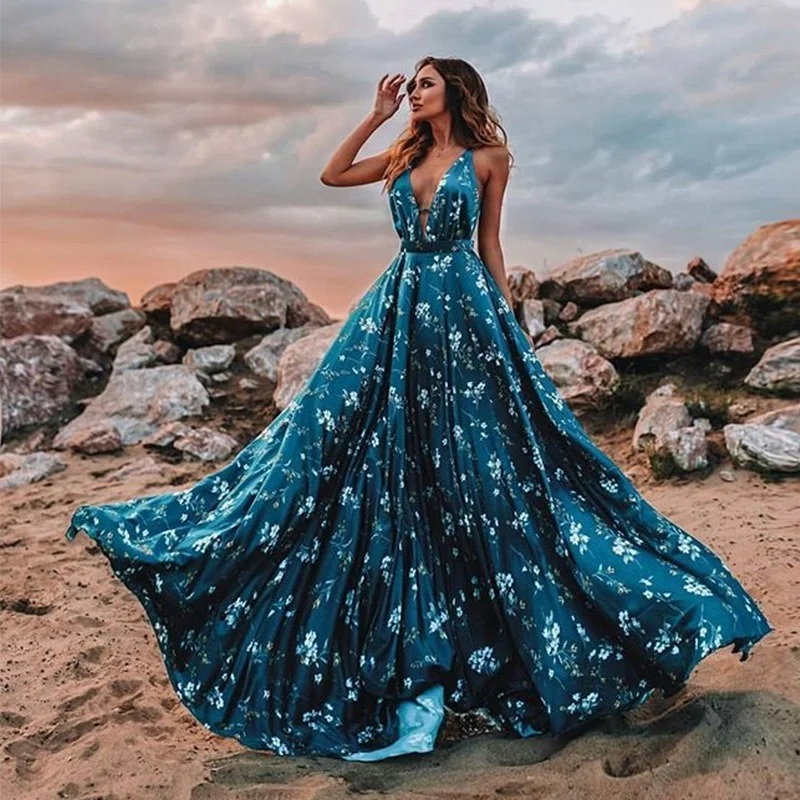 

New Women's Dress Deep V Sleeveless Sling Print Dress