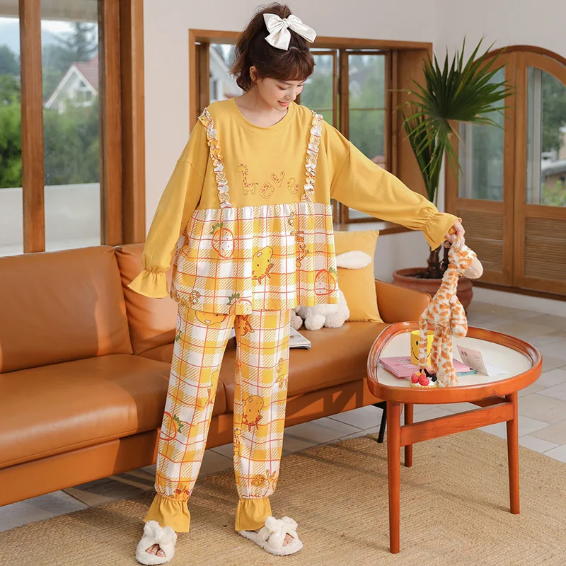 

Women Pajamas Set Long Sleeve Nightwear Suit Korean Pajamas Version Cute Girls Age Reduction Spring Autumn Leisure Home Service