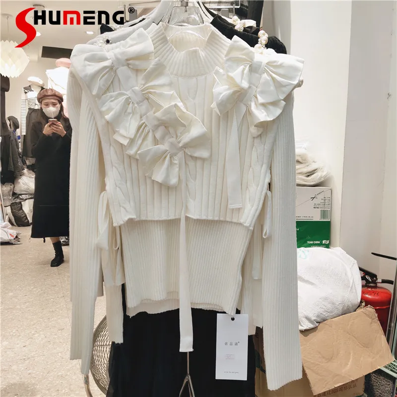 

Autumn and Winter New French Bow Cape Top + Slim Fit Knitted Sweater Bottoming Shirt White High Collar Two-Piece Sets Sweater