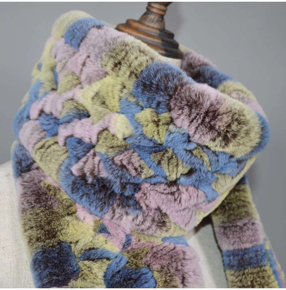 Winter Long Style Women Real Rex Rabbit Fur Scarf Rex Rabbit Fur Warm Soft Ring Scarfs High Quality Knit Rabbit Fur Scarves