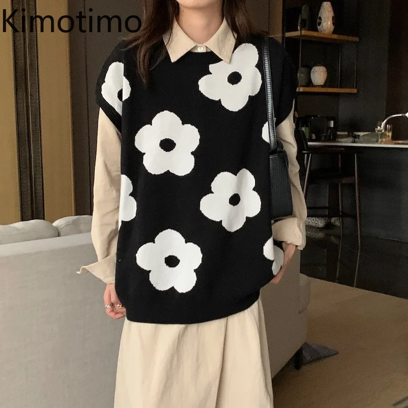 

Kimotimo Flowers Sweater Vest Women Korean Fashion O-neck Color Contrast Sleeveless Waistcoat Autumn Winter Overlap Pullover Ins