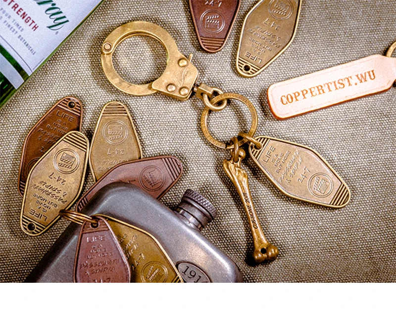 Coppertist. Wu винтажный латунный брелок для ключей ручной работы Золотое модное ретро кольцо для ключей с сумочкой кулон
