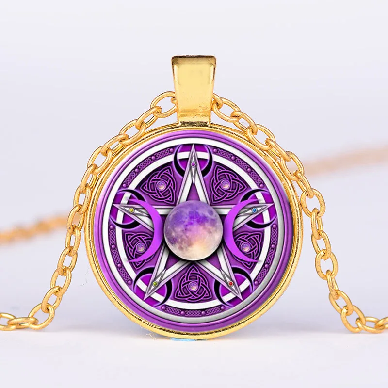 

Purple Triple Moon Goddess Necklace Supernatural Pentagram Wicca Protection Glass Pendants Magic Necklaces for Men Women