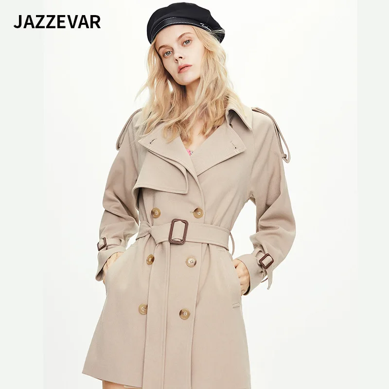 JAZZEVAR Women's Double Breasted Windbreaker European and American Loose Medium and Long Coat