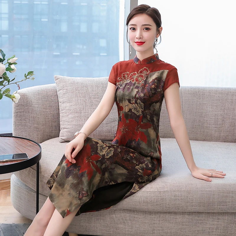 cheongsam ao dai vietnam ao dai платье винтажное азиатское платье aodai vietnam одежда qipao цветочный принт винтажное повседневное ретро - Цвет: color1