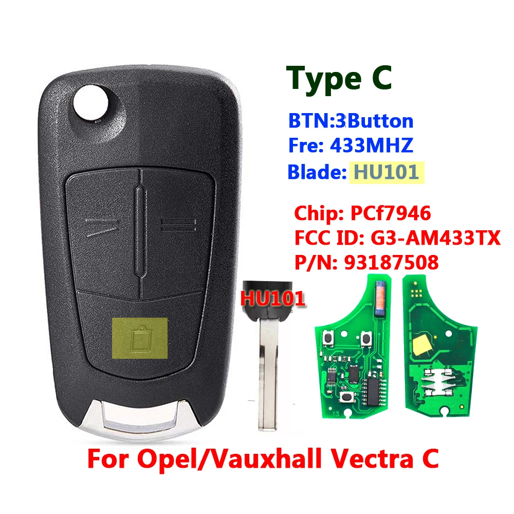 

3 Button Remote Flip Key For Opel Vectra C HU101 Blade