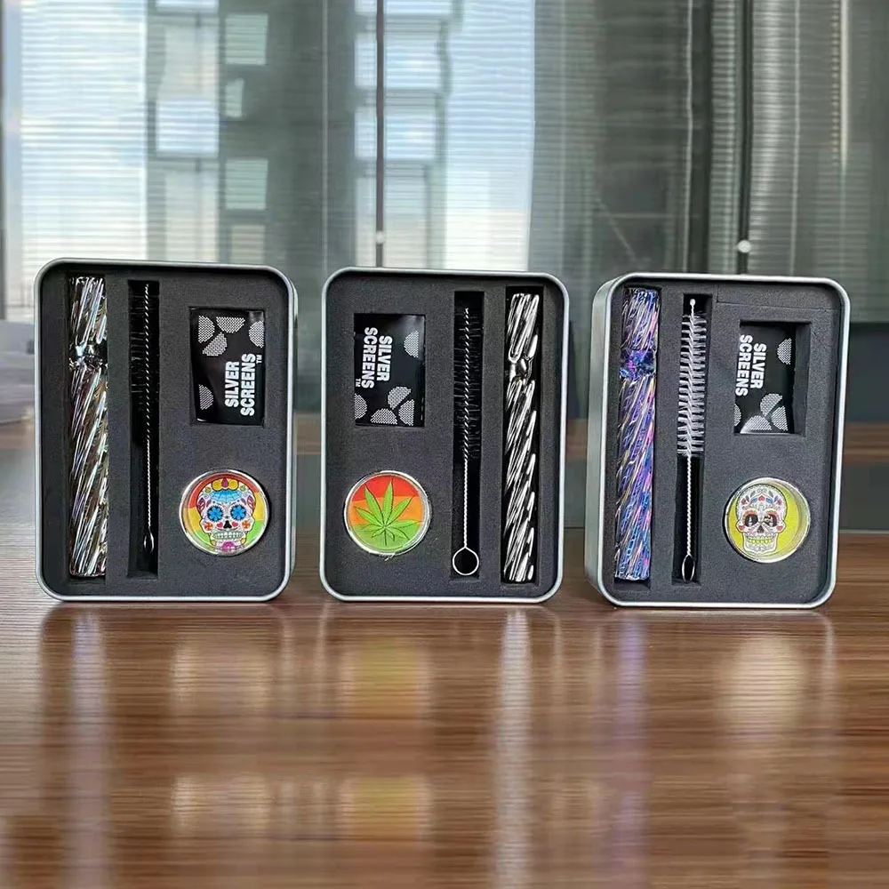 

New Color Spiral Glass Tobacco Pipe for Smoking Straw Tube High Borosilicate Herb Pipe Iron Box Set Weed Accessories Men’s Gift