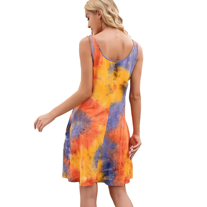 

Summer Neck Pocket European and American Women's Sleeveless Round Tie-Dye Printed Vest Sling Dress Women's Dresses