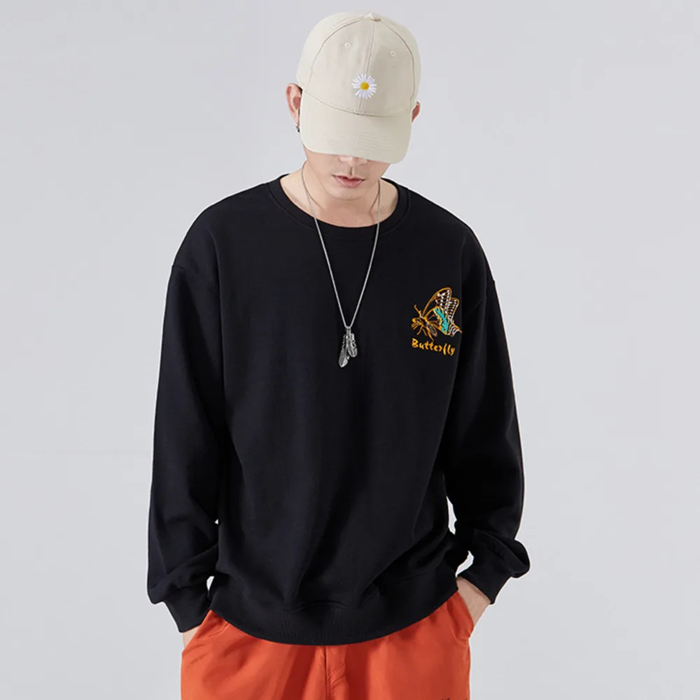 

Mens Hip Hop Embroidery Butterfly Streetwear Harajuku Fashion Casual Cotton Sweatshirts Pullover Hoodies Winter Fleece Tops
