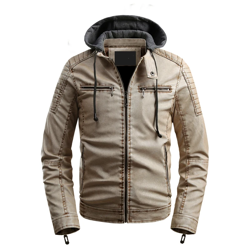 

iSurvivor 2021 Stand collar hooded velvet leather jacket men's autumn and winter casual fashion motorcycle leather jacket