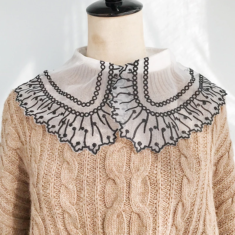 

Women Elegant Decorative Lapel Half Shirt Blouse Hollow Out Jacquard Floral Lace Buttons Detachable False Collar