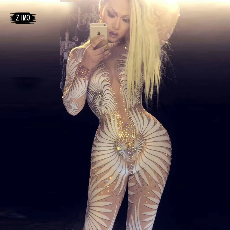 

Sexy Print Rhinestone Jumpsuit Womens Shiny Crystal Bodysuit Stage Dance Costume Club Party Singer Festival Outfit performance