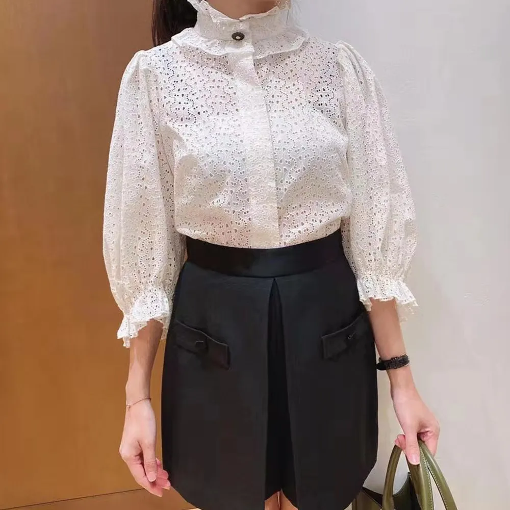2021 Autumn and Winter Women's New Embroidery Retro Collar Puff Sleeve Shirt Women Blouse