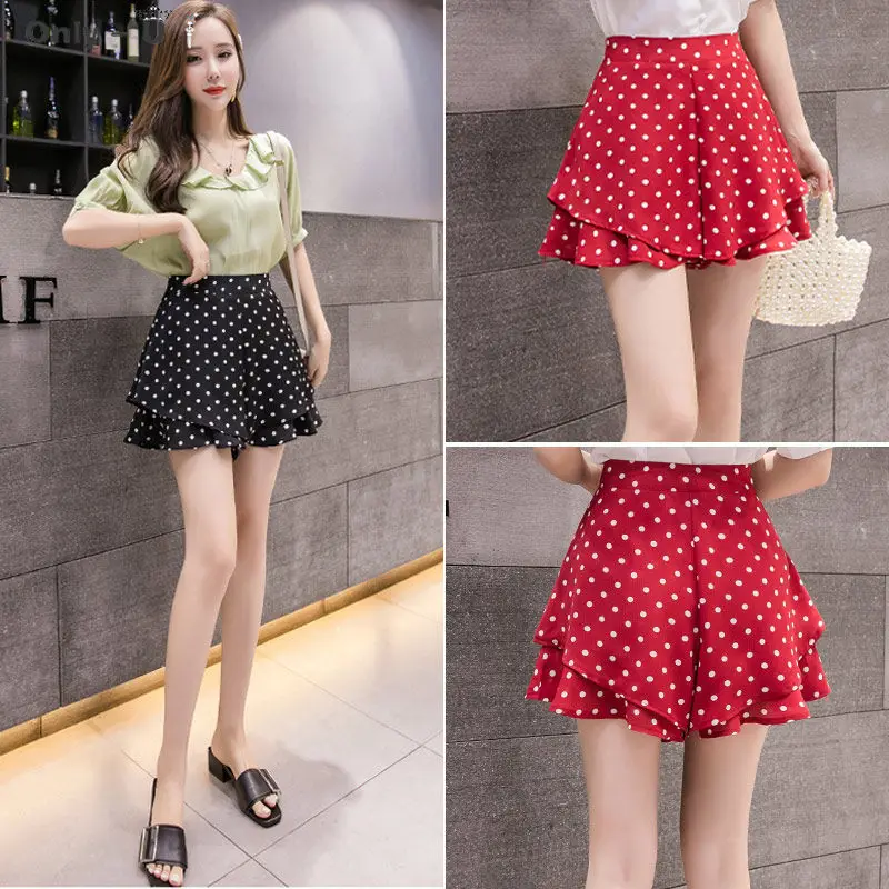 

Chiffon Shorts Female Spring Summer 2020 New High Waist Wide Leg Shorts Skirt Women Loose Casual Dot Print Ruffle Saia f2918