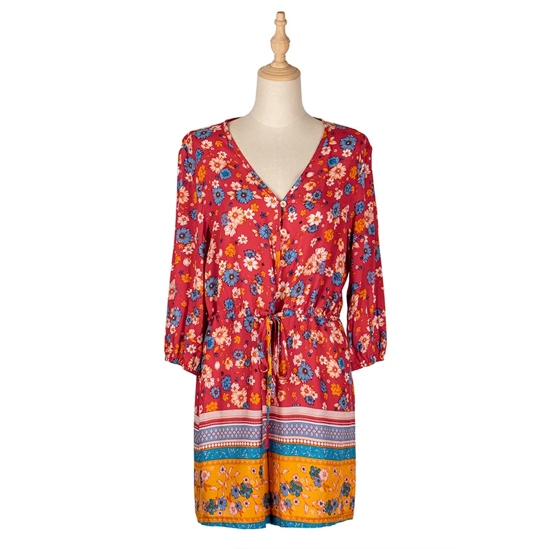 

2021 Women's Autumn Spring Bohemian Bodysuits Printing Casual Short Jumpsuit Vintage High Waist Long Sleeve V Neck Bodysuit Lady