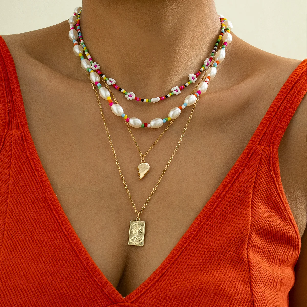 

Oval Pearl Colorful Beads Flower Geometric Necklace Set Women Personality Multi Layers Statement Long Necklaces Pendants