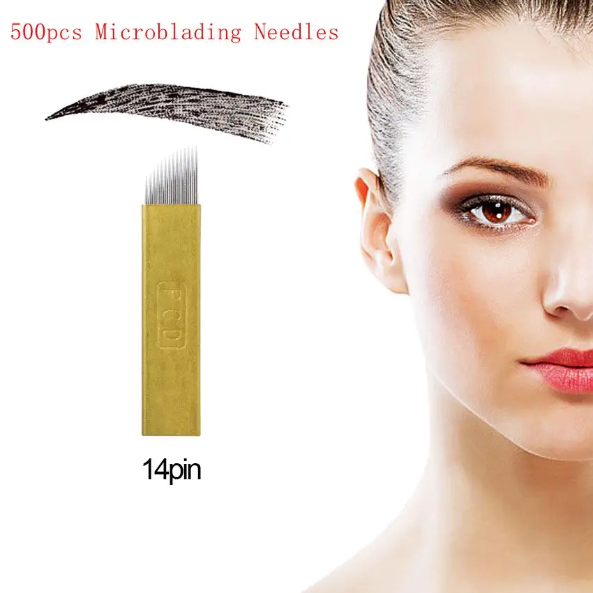 Tattoo Needles 500pcs Hard Pcd 14P Needles Microblading Needles Permanent Makeup Blades Manual Eyebrow Tattoo Curved Blade