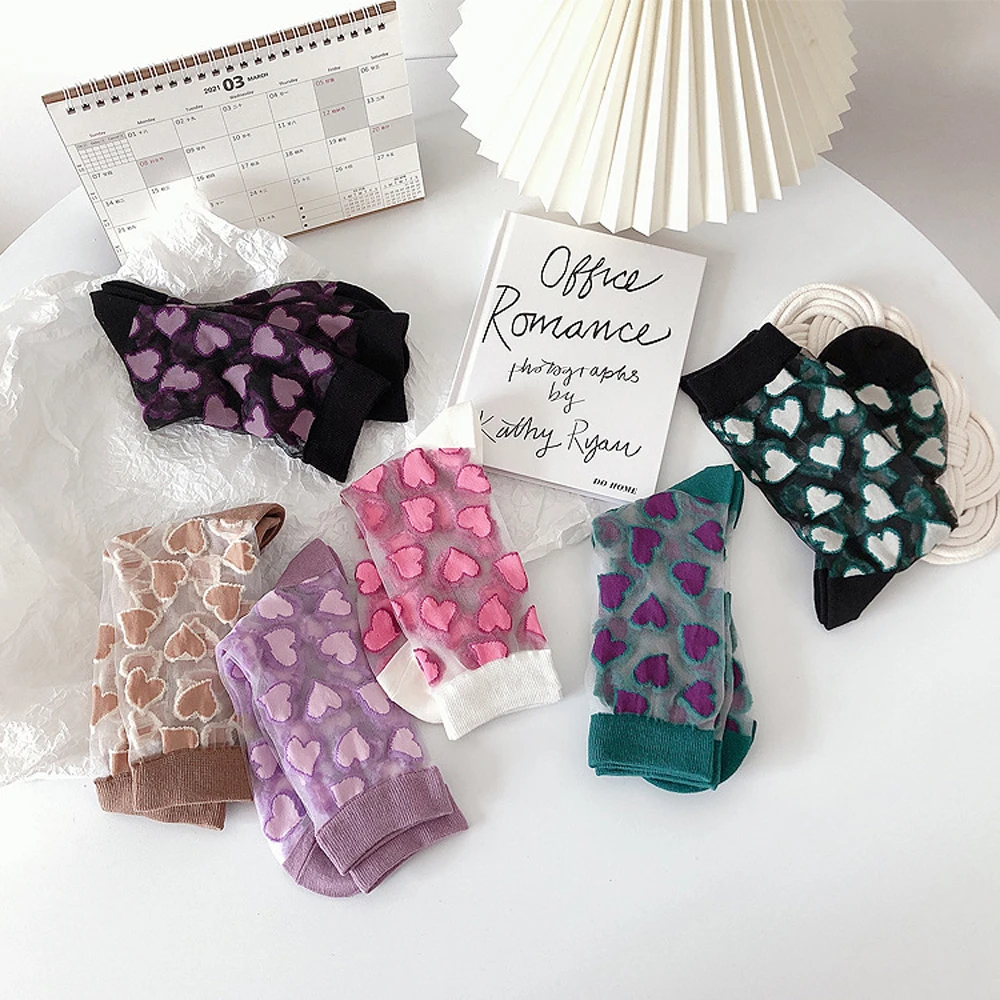 

1 Pair Summer Heart Transparent Socks Ultra Thin Short Glass Silk Socks For Women Female Crystal Silk Thin Tulle Socks