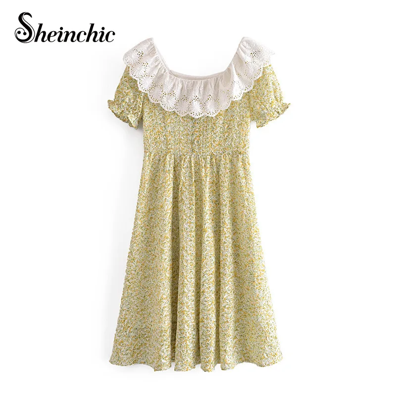 

Elegant Chiffon Embroidery Woman Dress 2021 Summer Vintage Short Sleeve Floral Printed Midi Dress Vestido De Mujer