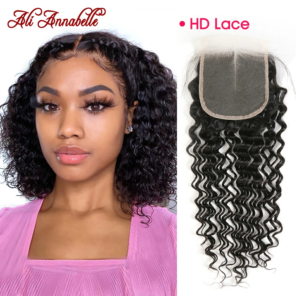 HD Кружева Закрытие глубокая волна человеческие волосы закрытие с полным концом