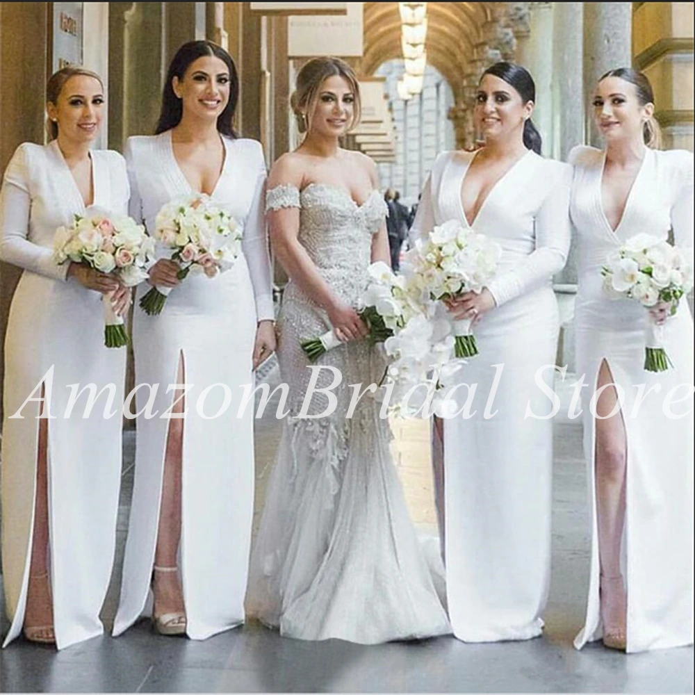 Long Sleeve Bridesmaid Dresses Sheath Satin Split Skirt V-neck Wedding Guest Dess robe de soirée de