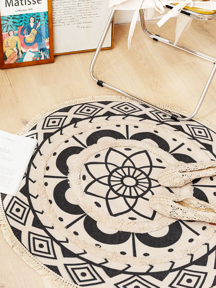 구매 보헤미안 라운드 모양의 다기능 기하학적 그라운드 매트, INS 인기 복고풍 장식 침대 옆 깔개, 면 식탁 매트