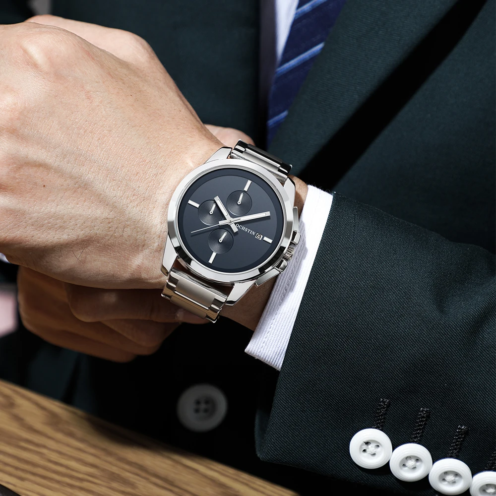 Часы-хронограф мужские Кварцевые водонепроницаемые из нержавеющей стали -