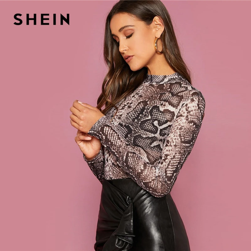 SHEIN многоцветный змеиный принт Сетка Прозрачная Тонкая футболка Топ для женщин Весна Лето с длинным рукавом стоячий воротник сексуальные топы