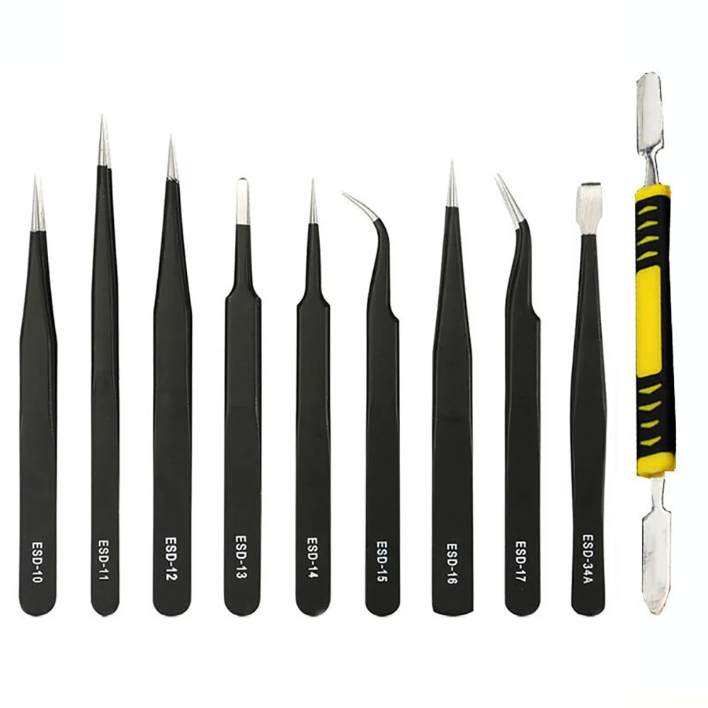 

Blunt Round Tip Elbow 10 Sets Precision Stainless Steel Tweezers Tweezers Antistatic Package Bag 9